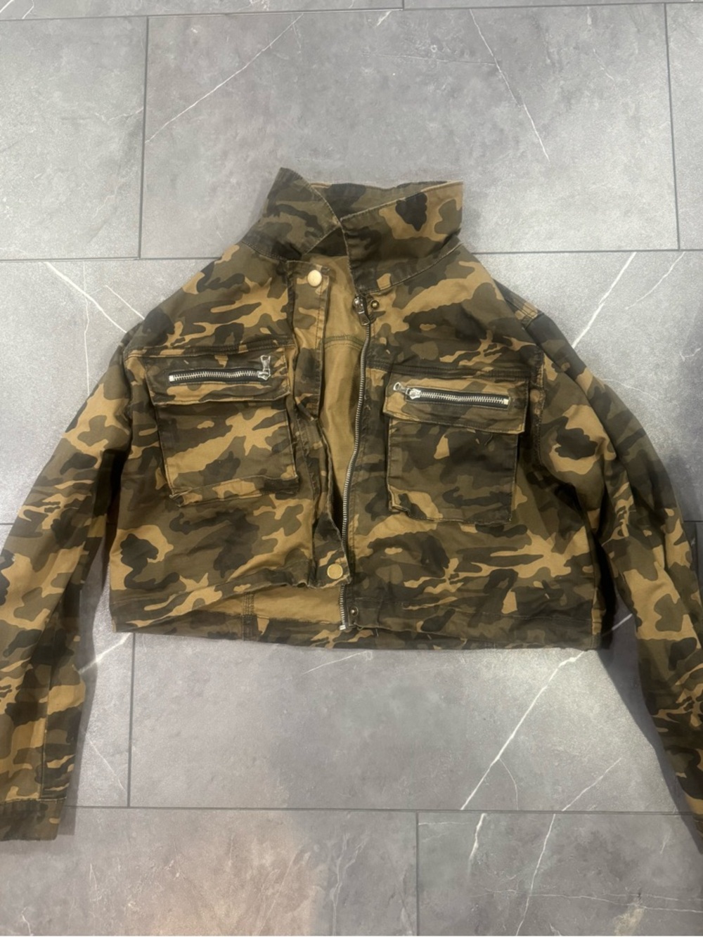 Fashion Nova Camo Cropped Utility Jacket - Olive Green & Brown
